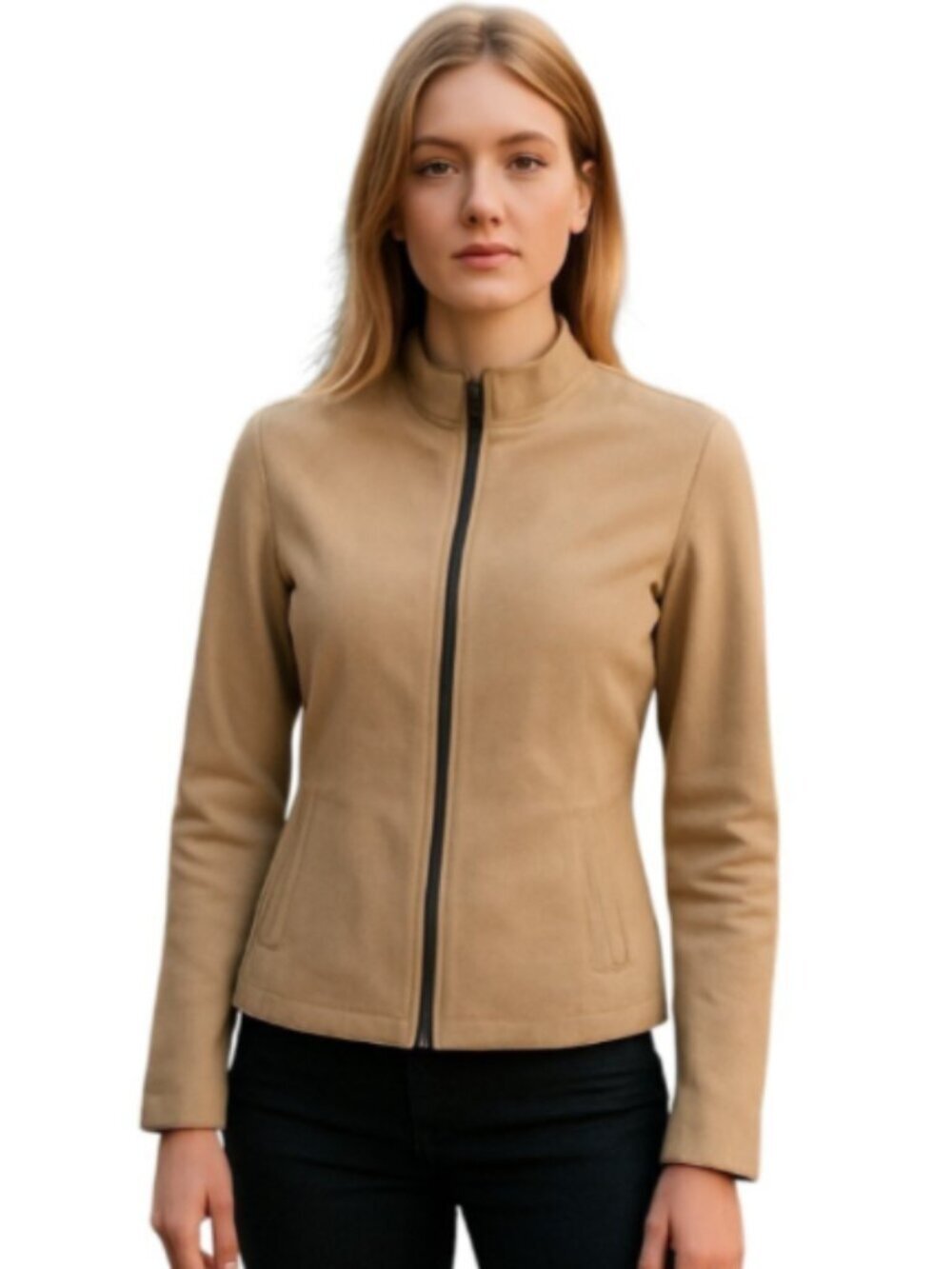 Tower Hill Woman's Size 8  Beige / Tan Suede Leather Jacket Lined Zipper Peplum
